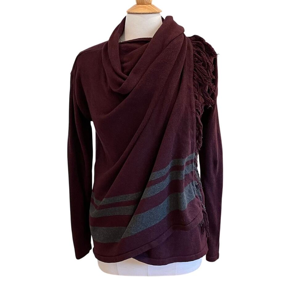 Cabi Burgundy and Gray Wrap Cardigan Sweater, Fringe, Casual, Boho, Size XS